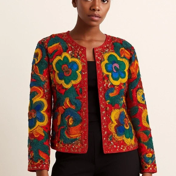 NEW Designer Sample Embroidered Jacket Colorful Boho Floral Statement Sz M - Picture 4 of 14